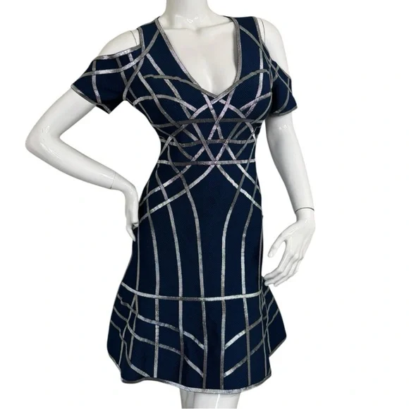 HERVE LEGER VERONIKKA CAGED STRAPPY SEXY RARE COLD-SHOULDER FLUTE DRESS Sz L - Picture 13 of 17